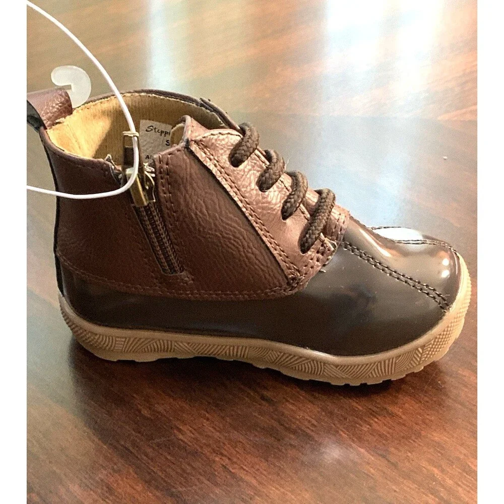 Stepping Stones Brown Toddler Duck Boots Baby Shoes Size 5 Lace Up Side Zipper